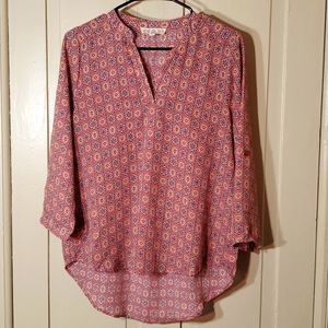 Cheerful Pink Patterned Blouse Hi-Lo hem Size M
